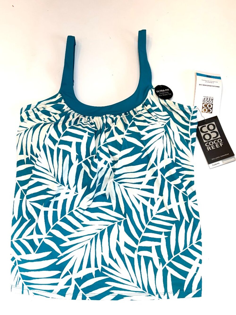 Coco Reef Bra-Sized Tankini Top, 36 E, Teal & white leaf patten, NWT